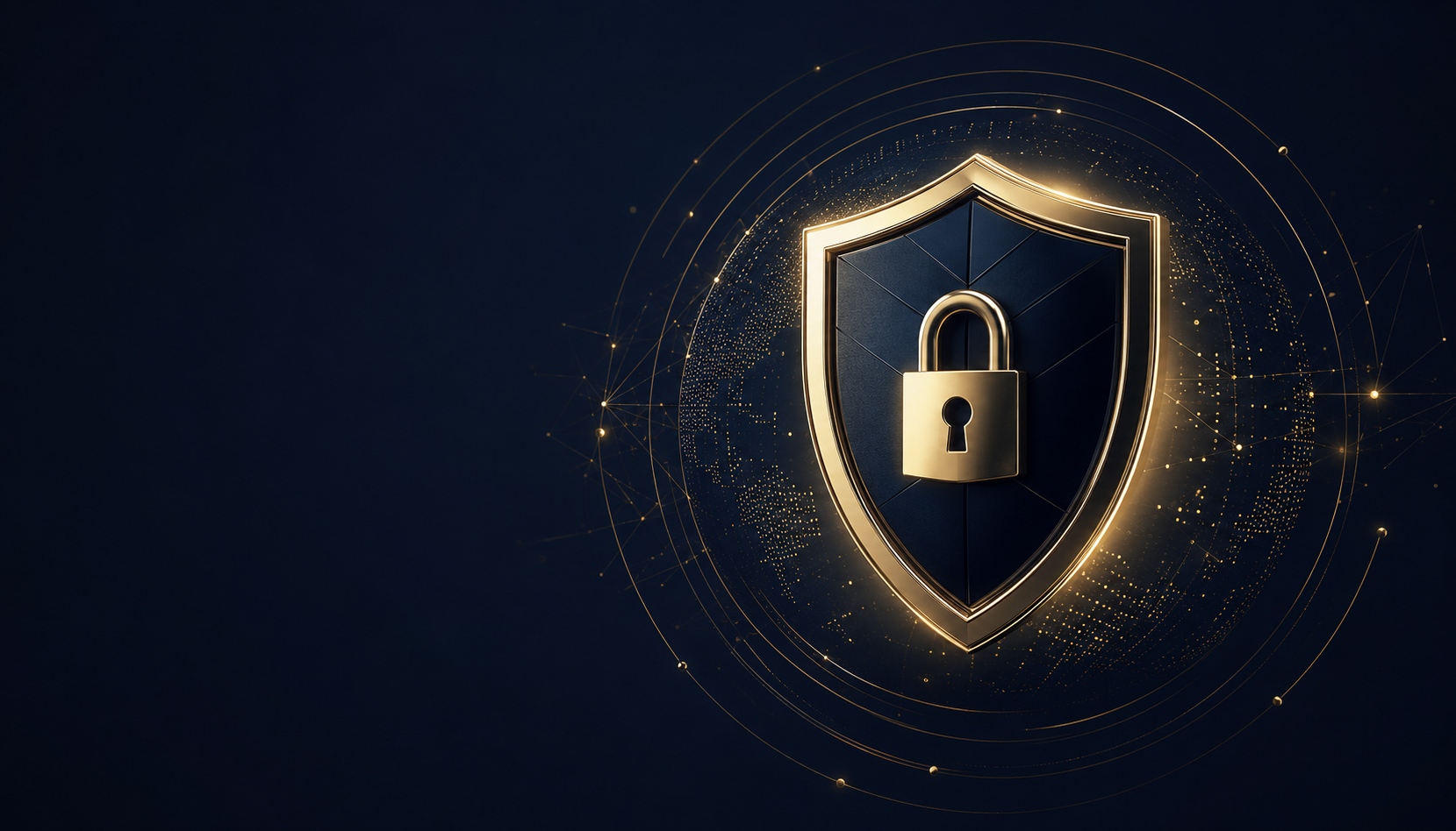 A glowing gold shield with a padlock representing MY VECTR's privacy-focused design